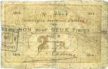 FRANZÖSISCHE NOTSCHEINE 2 francs Aniche (59). Compagnie des mines d'Aniche. Billet. 1914, série B -