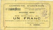 FRANZÖSISCHE NOTSCHEINE 1 franc Artemps (02). Commune. Billet. 2.12.1915, 2e série -