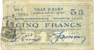 FRENCH EMERGENCY NOTES Auby (59). Ville. Billet. 5 francs 5.12.1914 Foto