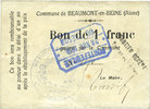 FRANZÖSISCHE NOTSCHEINE 1 franc Beaumont-en-Beine (02). Commune. Billet. n. d. -