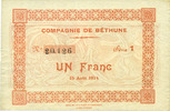FRANZÖSISCHE NOTSCHEINE 1 franc Grenay (62). Compagnie de Béthune. Billet. 15.8.1914, série 1 -