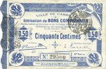 FRANZÖSISCHE NOTSCHEINE Cambrai (59). Ville. Billet. 50 cmes 30.10.1914, 2e série, numérotation en noir -