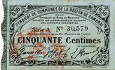 FRANZÖSISCHE NOTSCHEINE Cambrai (59). Syndicat de Communes de la Région de Cambrai. Billet. 50 cmes 10.5.1916, série A -