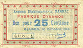 FRANZÖSISCHE NOTSCHEINE Cluses (74). Anciens Etablissements Rannaz. Billet. 25 cmes -