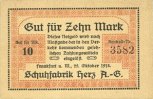 DEUTSCHLAND - NOTGELDSCHEINE (1914-1923) A - J Frankfurt am Main. Schuhfabrik Herz a. G.. Billet. 10 mark 1918-10-25 I