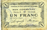 FRANZÖSISCHE NOTSCHEINE 1 franc Fontaine-Notre-Dame (59). Commune. Billet. série A -