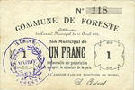 FRANZÖSISCHE NOTSCHEINE 1 franc Foreste (02). Commune. Billet. -