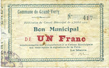 FRANZÖSISCHE NOTSCHEINE 1 franc Grand-Verly (02). Commune. Billet. -