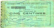 FRANZÖSISCHE NOTSCHEINE 5 centimes Hargicourt (02). Commune. Billet. -