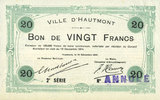 FRANZÖSISCHE NOTSCHEINE 20 francs Hautmont (59). Ville. Billet. 14.12.1914, 2e série, Spécimen -