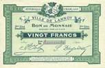 FRANZÖSISCHE NOTSCHEINE 20 francs Lannoy (59). Ville. Billet. 3e série, essai, sans numérotation. Annulation manuscrite -