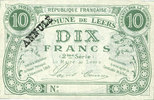 FRANZÖSISCHE NOTSCHEINE 10 francs Leers (59). Commune. Billet. 4.12.1915, 2e série, essai sans numérotation, cachet ANNULE -
