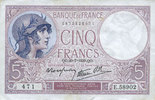 BANKNOTEN DER BANQUE DE FRANCE 5 francs Banque de France. Billet. violet, 20.7.1939, modifié -