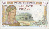 BANKNOTEN DER BANQUE DE FRANCE 50 francs Banque de France. Billet. Cérès, 20.10.1938, modifié -