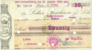 DEUTSCHLAND - NOTGELDSCHEINE (1914-1923) K -Z 20 mark Lehe, Stadt, billet 1.11.1918, annulation par perforation -