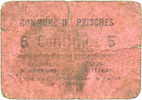 FRANZÖSISCHE NOTSCHEINE 5 centimes Prisches (59). Commune. Billet. -