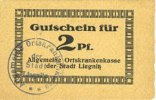 DEUTSCHLAND - NOTGELDSCHEINE (1914-1923) K -Z 2 pf Liegnitz (Legnica, Pologne), Allgemeine Ortskrankenkasse, billet carton chamois -