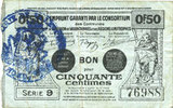 FRENCH EMERGENCY NOTES Valenciennes (59). Emprunt Consortium. Billet. 50 centimes, série 9 Foto