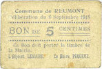 FRANZÖSISCHE NOTSCHEINE 5 centimes Reumont (59). Commune. Billet. -