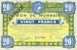 FRANZÖSISCHE NOTSCHEINE 20 francs Roubaix et Tourcoing (59). Billet. du 20.4.1916, 7e série. N° 7004. ANNULE -
