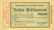 DEUTSCHLAND - NOTGELDSCHEINE (1914-1923) K -Z Mayen, Kreis, Emission des séparatistes, billet, 10 billions mk avec timbre sec 6.11.1923-1.4.1924 -