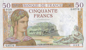 BANKNOTEN DER BANQUE DE FRANCE 50 francs Banque de France. Billet. Cérès, 20.10.1938, modifié -