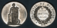 ELSAß Alsace. Festival de Mulhouse. 8e réunion des chanteurs d'Alsace. 1870. Médaille