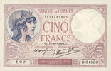 BANKNOTEN DER BANQUE DE FRANCE 5 francs Banque de France. Billet. violet, 19.10.1939, modifié -