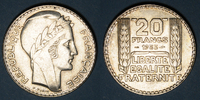 FRANZÖSISCHE MODERNE MÜNZEN 20 francs 3e république (1870-1940). Turin Rameaux longs -