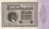DEUTSCHLAND 100 000 mark Allemagne. Billet. Série F -