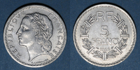FRANZÖSISCHE MODERNE MÜNZEN Gouvernement provisoire (1944-1947). 5 francs Lavrillier aluminium 1946