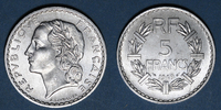 FRANZÖSISCHE MODERNE MÜNZEN 4e république (1947-1959). 5 francs Lavrillier aluminium 1949