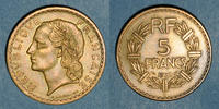 FRANZÖSISCHE MODERNE MÜNZEN 5 francs Gouvernement provisoire (1944-1947). Lavrillier bronze d'aluminium -