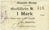 FRANZÖSISCHE NOTSCHEINE 1 mark Moosch (68). Commune. Billet. . Papier blanc. Cachet communal allemand -
