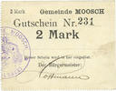 FRANZÖSISCHE NOTSCHEINE 2 mark Moosch (68). Commune. Billet. . Carton blanc. Cachet communal français -