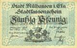 FRANZÖSISCHE NOTSCHEINE 50 pfennig Mulhouse (68). Ville. Billet Non annulé -