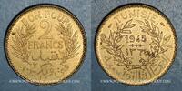 ALTE FRANZÖSISCHE KOLONIEN 2 francs Tunisie. Mohammed al -Amine, bey (1362-76H). -