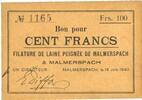 FRANZÖSISCHE NOTSCHEINE 100 francs Malmerspach (68). Filature de laine peignée. Billet. 18.6.1940, signature : Diffor -