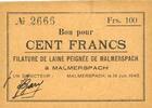 FRANZÖSISCHE NOTSCHEINE 100 francs Malmerspach (68). Filature de laine peignée. Billet. 18.6.1940, signature : Gary -