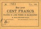 FRANZÖSISCHE NOTSCHEINE 100 francs Malmerspach (68). Filature de laine peignée. Billet. 18.6.1940, signature : Gary -