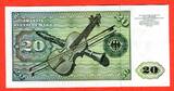 Western Germany FRG Bundesrepublik Deutschland 20 DM Deutsche Mark Banknote 1970 Elisabeth Tucher Dürer Geige mit Bogen, Klarinette Erste Serie GE ... F fast kassenfrisch, minimaler Knick unten linke Ecke