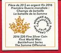 Kanada 20 Dollars Silbermünze teilvergoldet 2016 1.Weltkrieg - The Somme Offensive - Battlefront Serie PP in Kapsel m. Zertifikat, Box & Karton