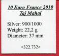 Frankreich 10 Euro Silbermünze 2010 Taj Mahal PP in Kapsel mit Zertifikat & Box