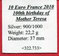 Frankreich 10 Euro Silbermünze 2010 100. Geburtstag von Mutter Theresa PP in Kapsel mit Zertifikat & Box