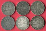 Kaiserreich 6 x 5 Mark Silbermünzen 1876 - 1914 Lot aus sechs 5 Mark-Münzen verschiedene Erhaltungen