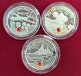 Alderney, Bailiwick of Jersey & Guernsey 3 x 5 Pfund Silbermünzen 2004 60th Anniversary of D-Day Polierte Platte (leicht beschlagen) mit Box & Zert.