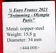 Frankreich 1/4 Euro Kupfer 2021 Swimming - Olympia Paris 2024 BU in Kapsel & Zertifikat