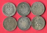 Bayern, Preußen 6 x 2 Mark Silbermünzen 1876 - 1913 Kaiserreich Lot - 6 Münzen/Typen Lot, bitte Bild ansehen