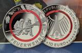 Deutschland, BRD 5 x 10 Euro Ku/Ni Münzen 2023 A,D,F,G,J Im Dienst der Gesellschaft - Feuerwehr - Komplettsatz - alle Prägestätten Spiegelglanz in Blister und Folder, OVP