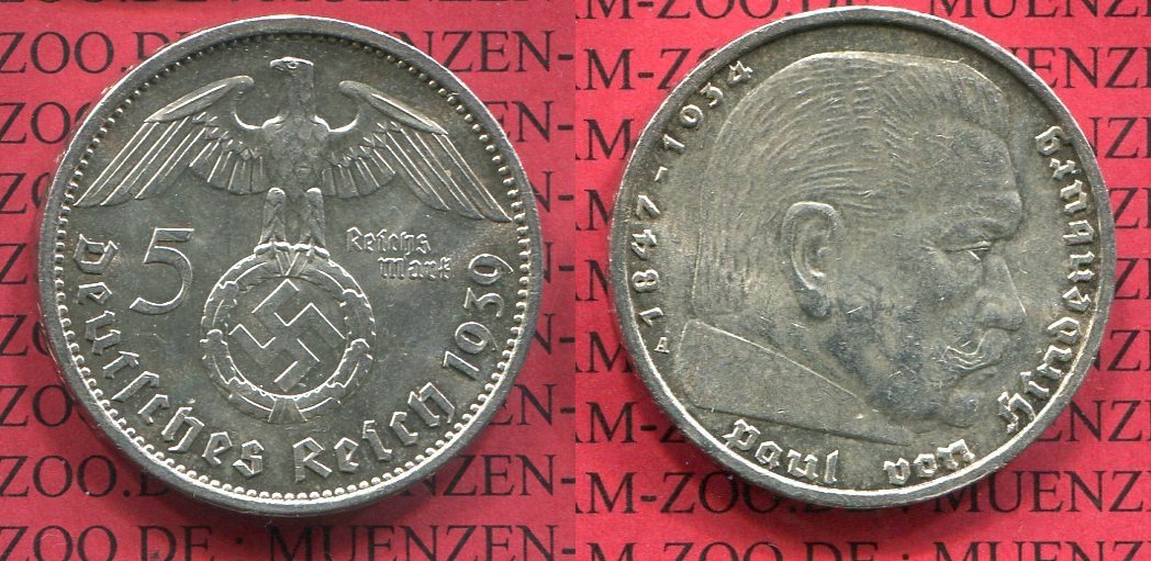5 Reichsmark Erhaltung ! III. Reich 5 Reichsmark 1939 A ,Kursmünze mit Hoheitszeichen J. 367 5 Reichsmark Erhaltung ! III. Reich 5 Reichsmark 1939 A ,Kursmünze mit Hoheitszeichen J. 367